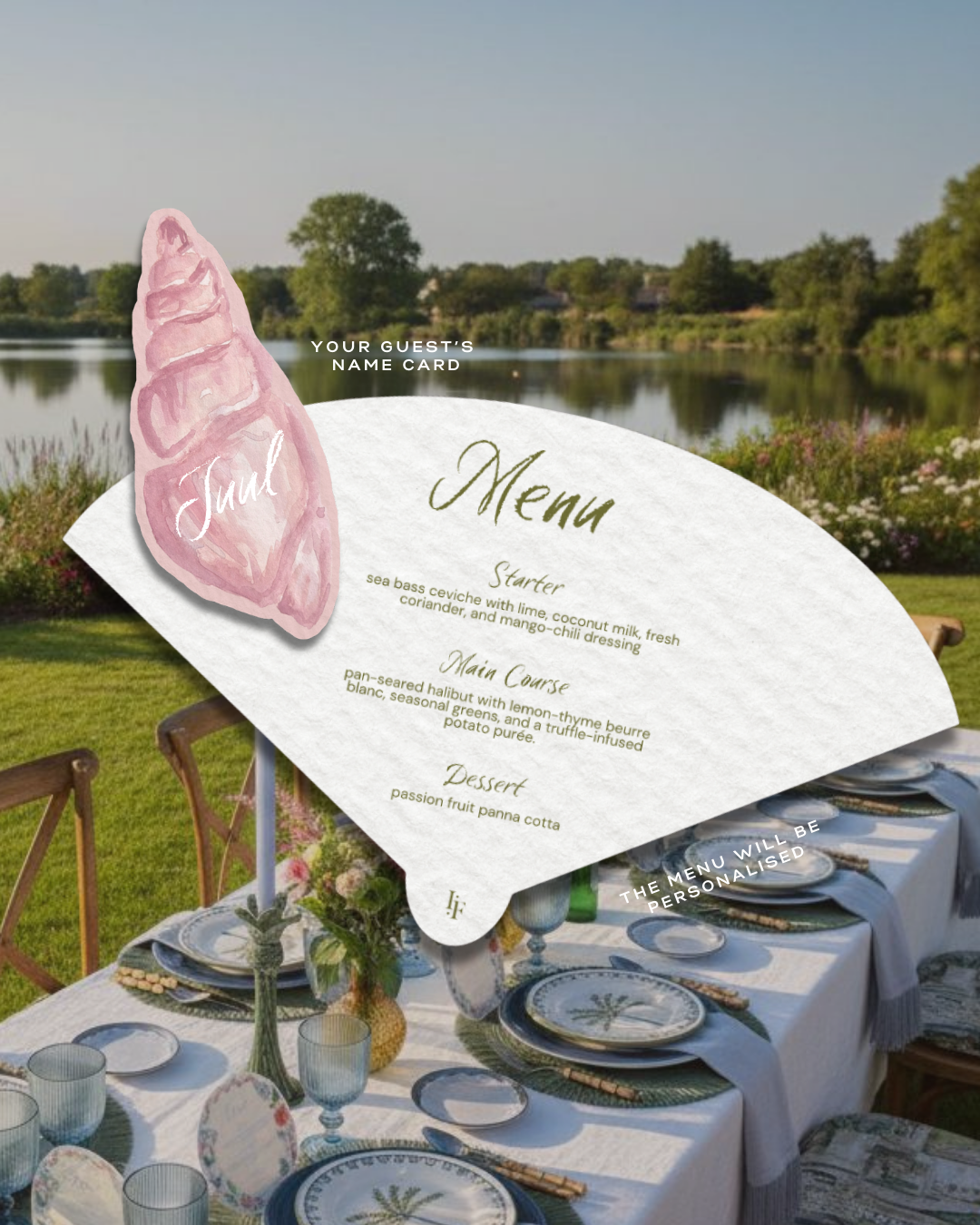 Personalized menu and name card for Isla Bonita table styling – custom printed details above a summer outdoor tablescape by Imaginary Friends.