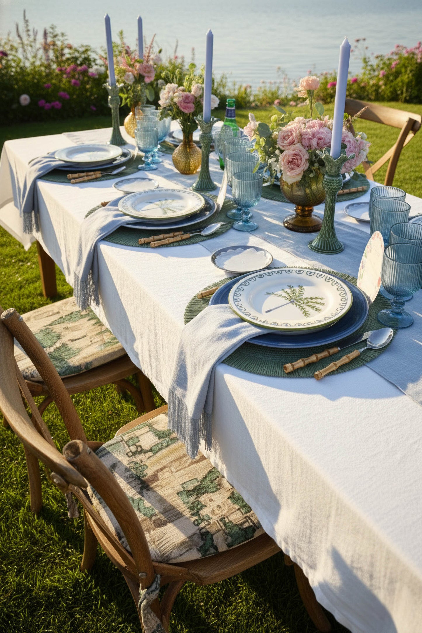 Isla Bonita summer tablescape by Imaginary Friends – blue glassware, pastel flowers and palm-tree plates in a lakeside outdoor setting.
