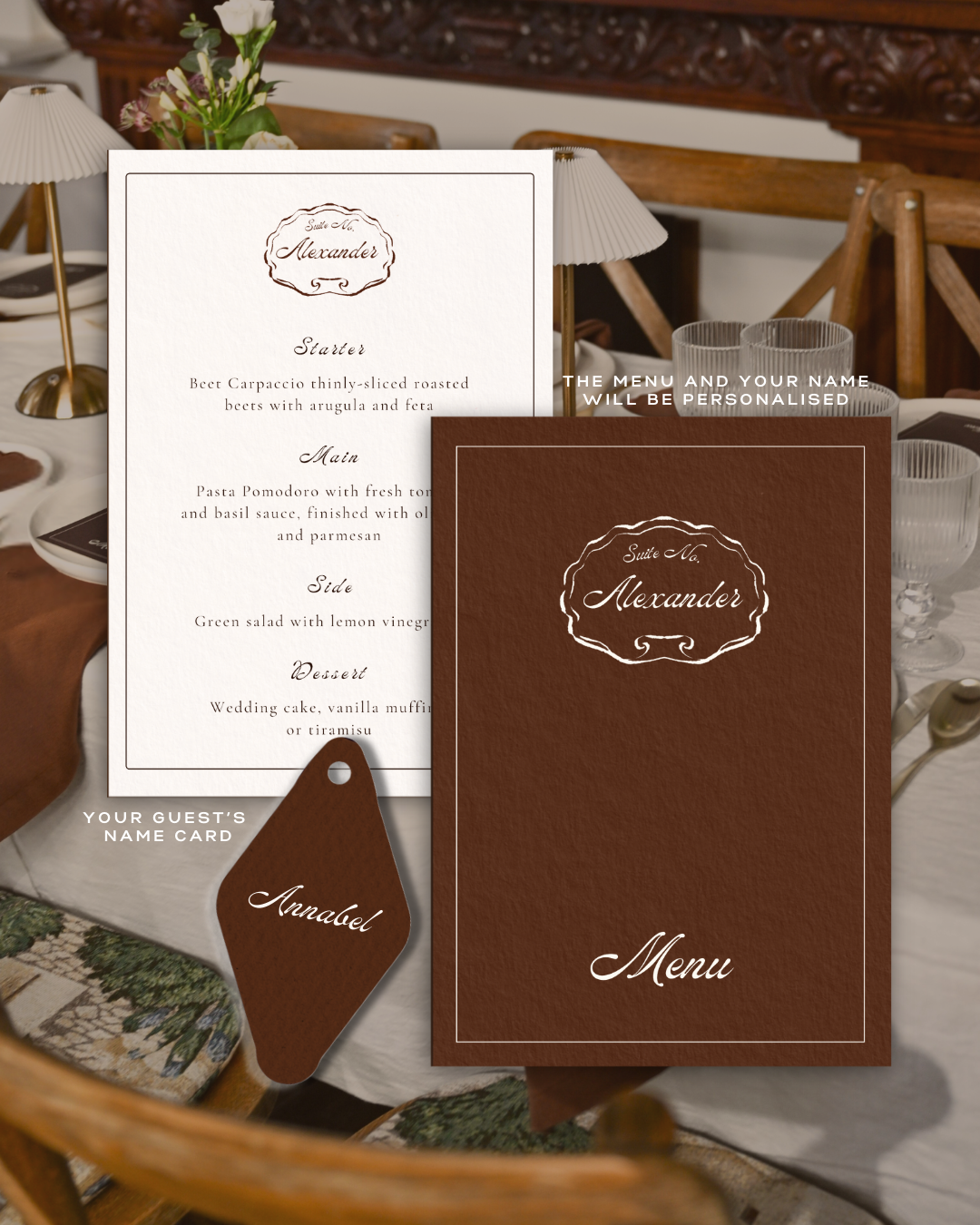 Personalized menu and name card set from The Suite by Imaginary Friends, displayed on a styled table with white plates, brown linen and ribbed glassware.